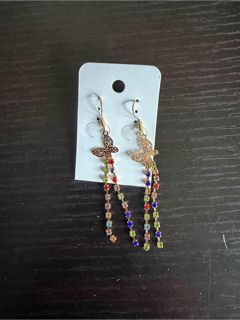 Gold-tone Multi-Color Crystal Butterfly Dangle Earrings